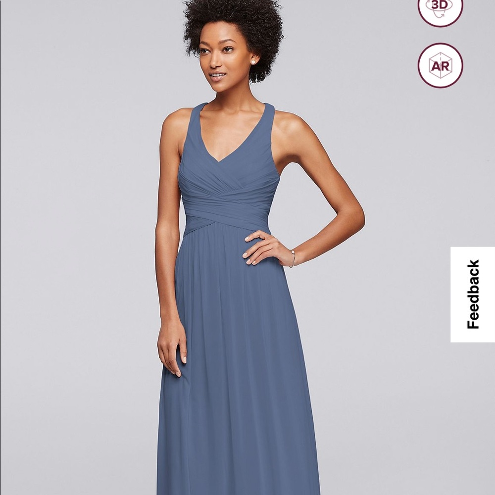 steel blue 
David’s bridal item code 0298 W10974 mesh crisscross back